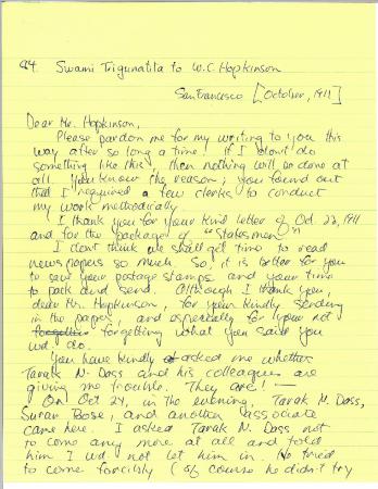[Swami Trigunatita, San Francisco, to William C. Hopkinson, Immigration Inspector. Copy]