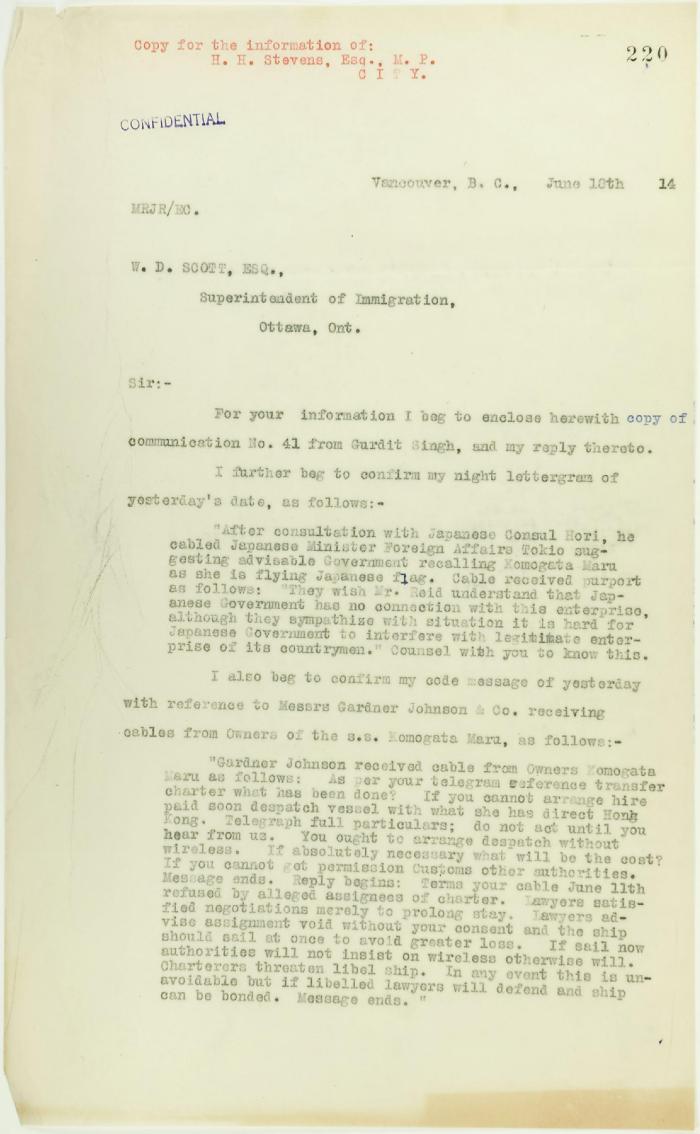 Copy of letter from Reid to W. D. Scott re Japanese Government's disclaiming of any connection with the Komagata Maru enterprise, also re possible attempt to set fire to the ship. Page 1-2
