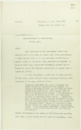 Copy of letter from Reid to W. D. Scott re rumoured arrival of a letter from Daljit Singh to the Immigration Agent. Page 1-2