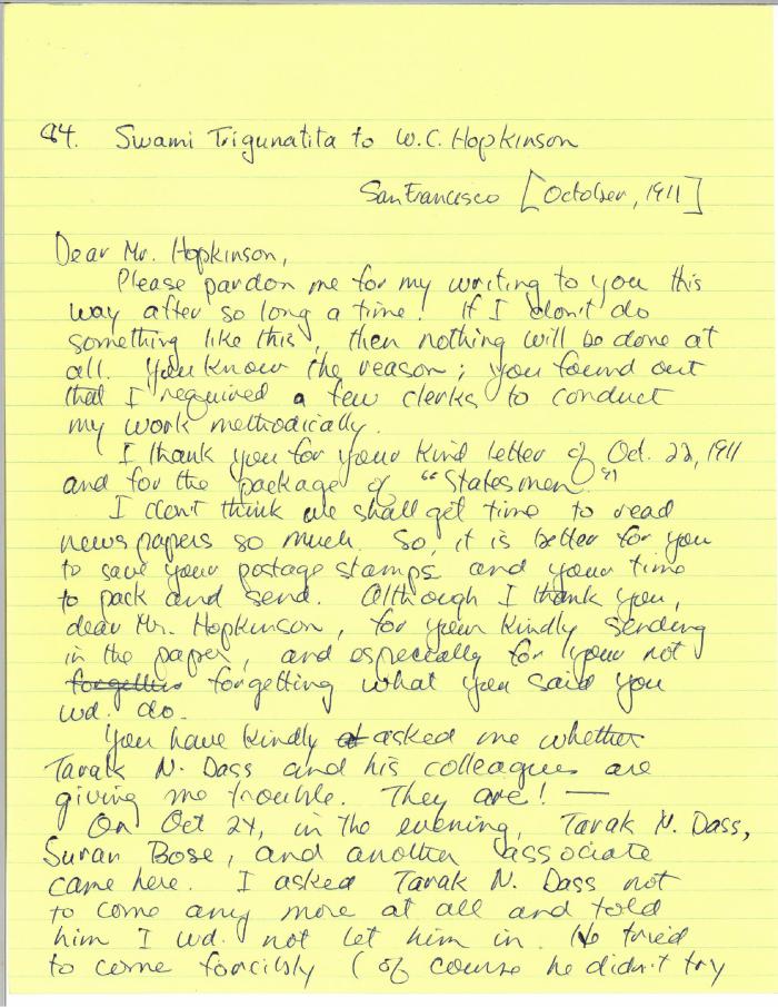 [Swami Trigunatita, San Francisco, to William C. Hopkinson, Immigration Inspector. Copy]