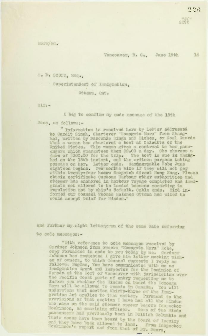 Copy of letter from Reid to W. D. Scott confirming wires. Page 1-2