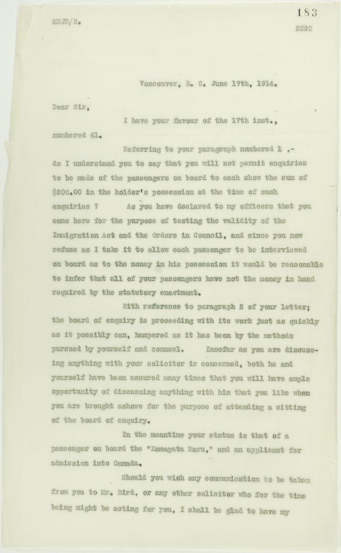 Copy of letter from Reid to Daljit Singh (see pp. 180-181). Page 1-3