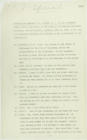 Conversation between H. H. Stevens, M.P., and Dr. Rughunath Singh, held at the Office of the Canadian Immigration Department, Vancouver, with Inspector Hopkinson also present at the commencement of the conversation. Page 1-11