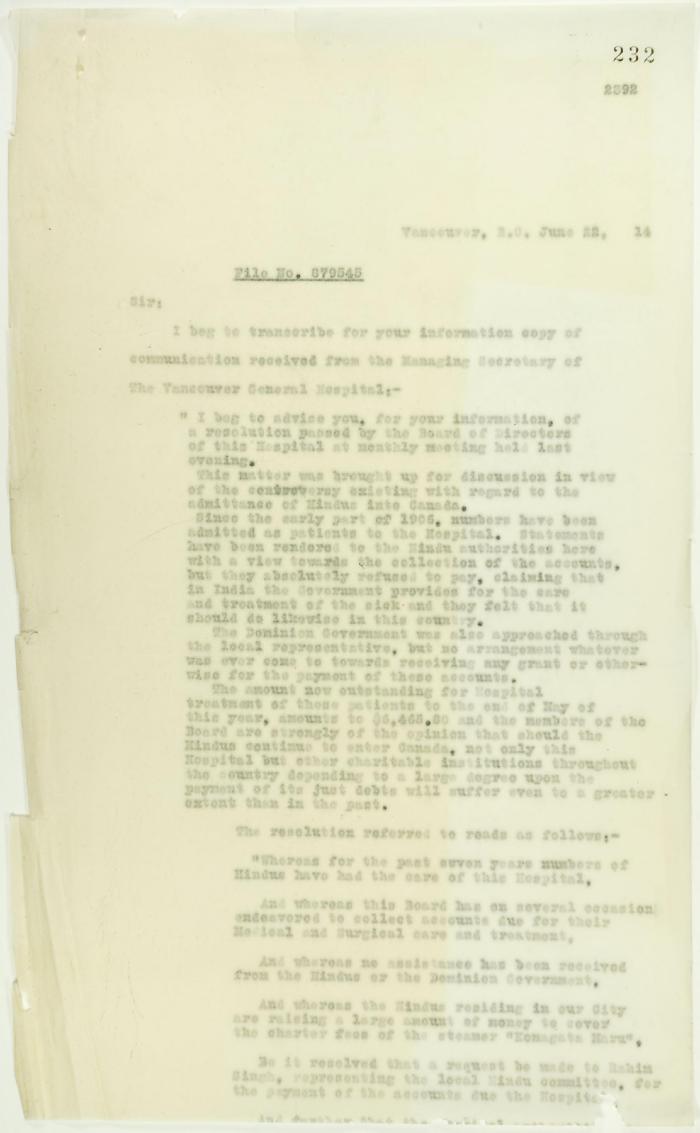 Copy of letter from Reid to W. D. Scott enclosing a communication from the Managing Secretary of the Vancouver General Hospital re non-payment of bills by Hindus in Vancouver. Page 1-2