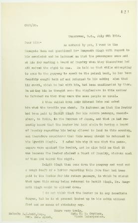 Letter from H. W. Gwyther, Interpreter, to Malcolm R. J. Reid re Gwyther's visit to the Komagata Maru