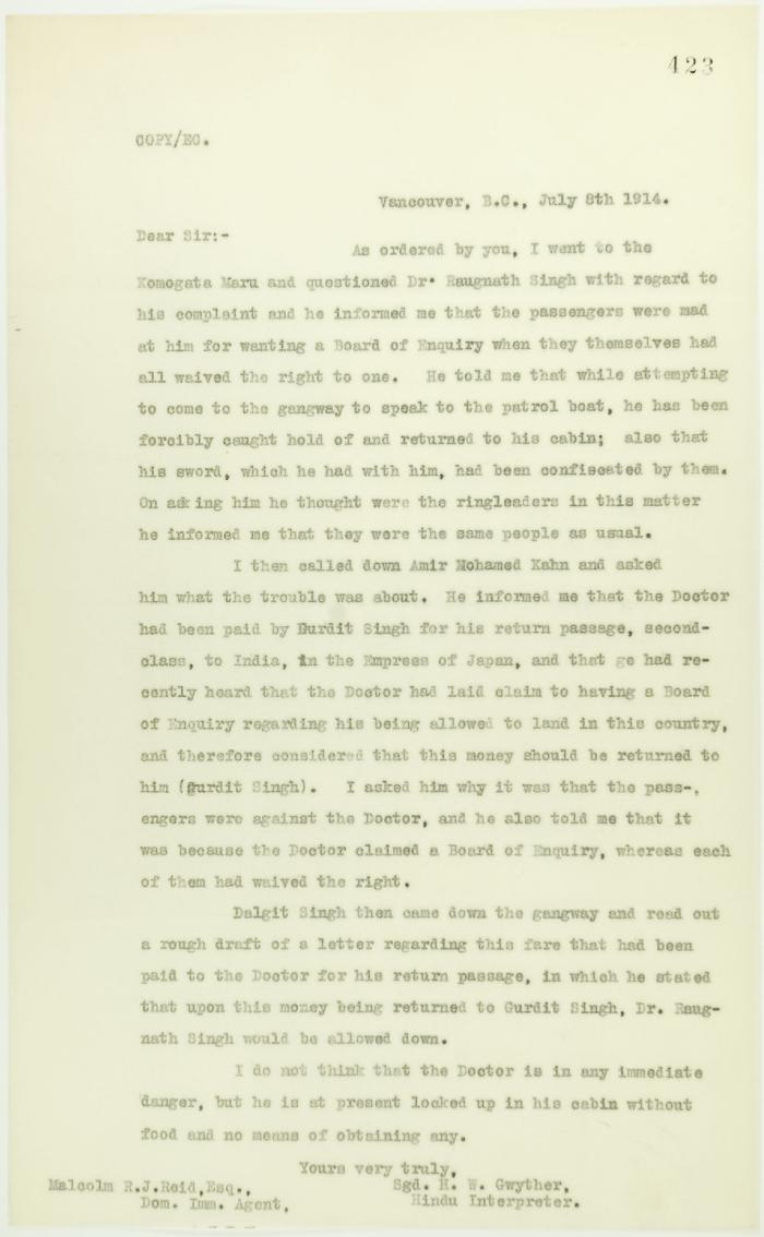 Letter from H. W. Gwyther, Interpreter, to Malcolm R. J. Reid re Gwyther's visit to the Komagata Maru