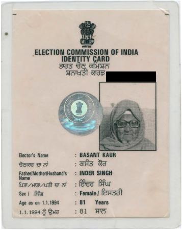 [Identity card of Basant Kaur]