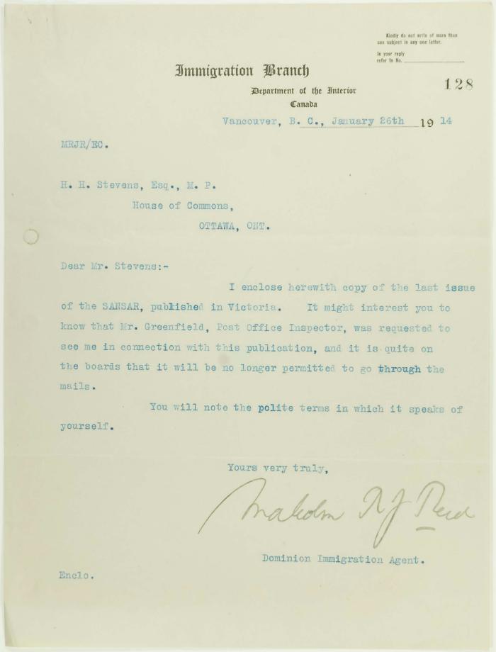 Letter from Malcolm Reid to Stevens, enclosing a copy of the Sansar: Vol 2 No. 7 Page 1-8, 5 Jan. 1914