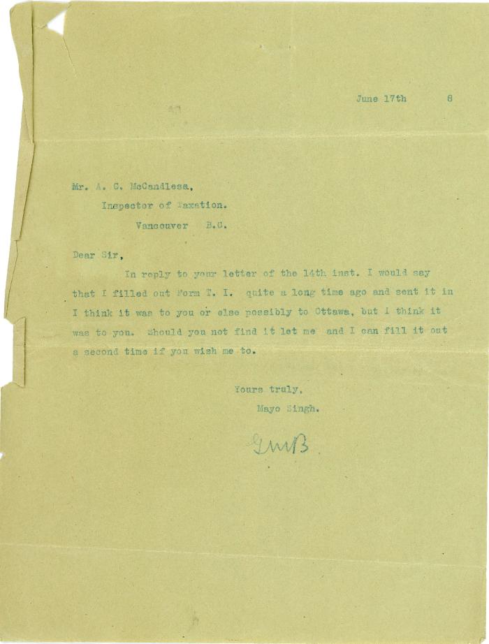 [Letter from Mayo Singh to A. C. McCandless, Inspector of Taxation]