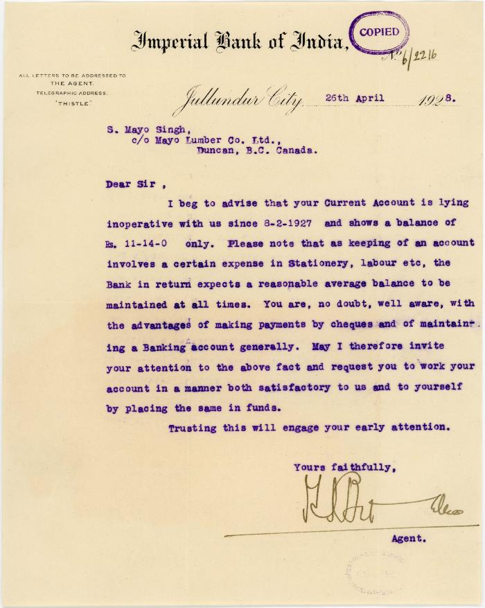 [Letter from [?], Agent of Imperial Bank of India, Jullundur City, to Mayo Singh]