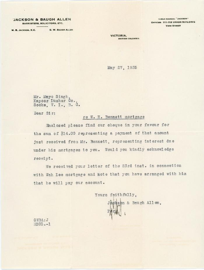 [Letter from M. B. Jackson & G. W. Baugh Allen to Mayo Singh regarding W. H. Bennett mortgage]