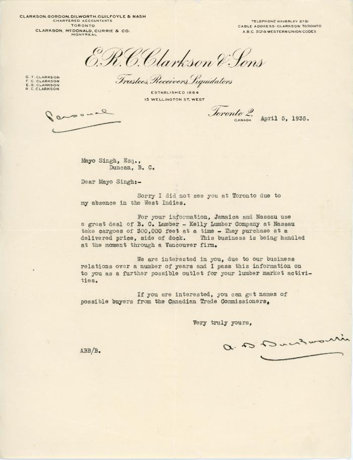 [Letter from E. R. L. Clarkson & Sons to Mayo Singh]