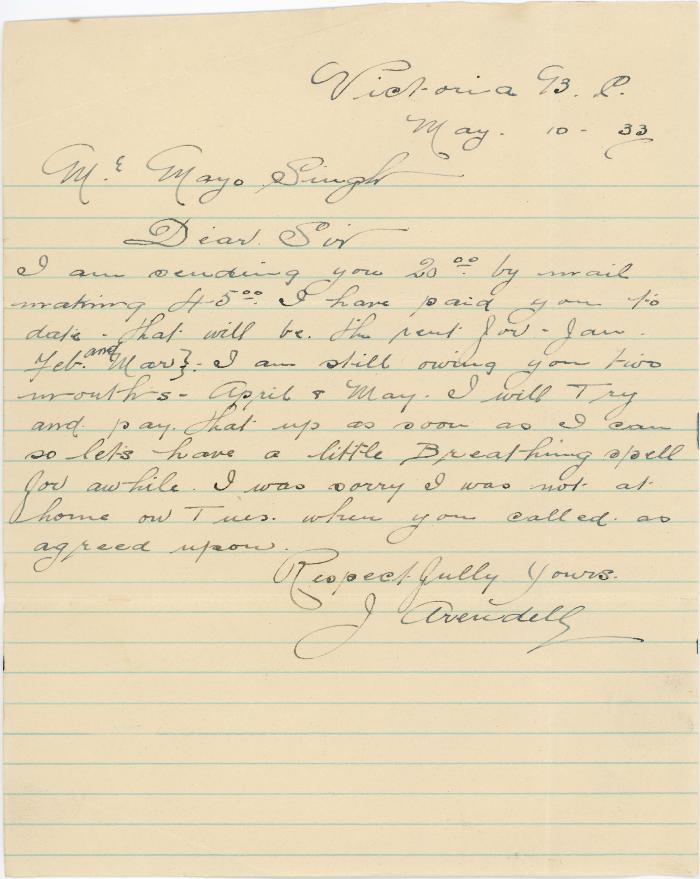 [Letter from Jack Avendell to Mayo Singh regarding a money transcation]