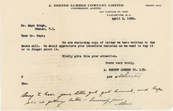 [Letter from A. Sereth Lumber Co. Ltd. to Mayo Singh]
