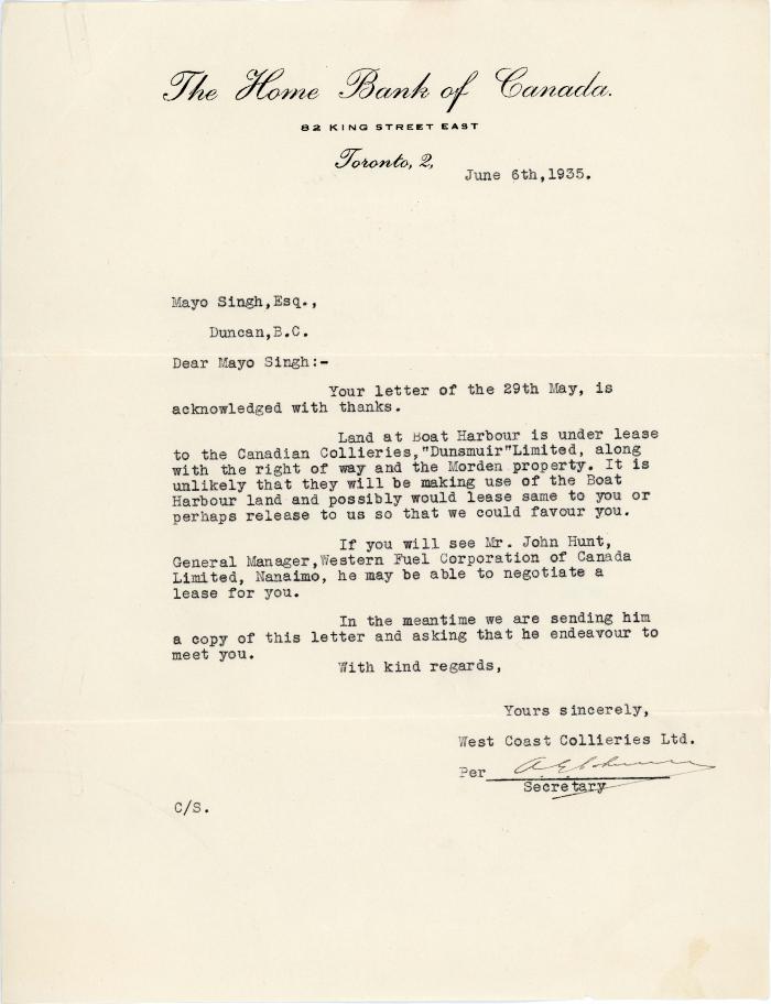 [Letter from West Coast Collieries Ltd. to Mayo Singh]
