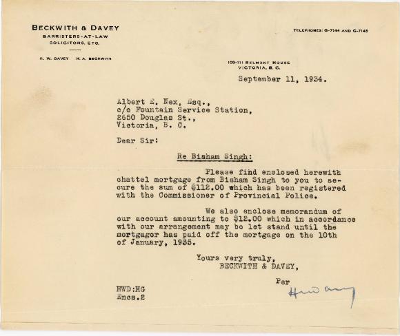 [Letter from H. W. Davey & H. A. Beckwith to Albert E. Nex]