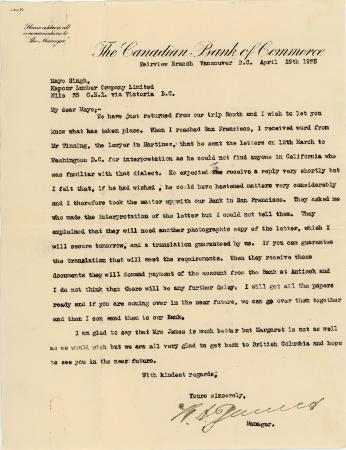 [Letter from [?] Manager, The Canadian Bank of Commerce, to Mayo Singh]