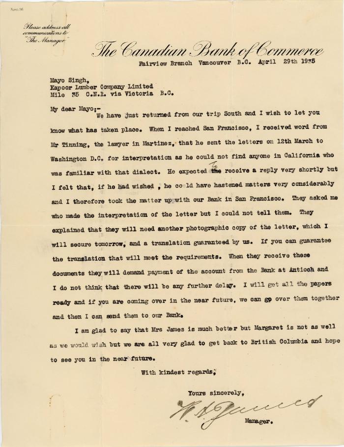 [Letter from [?] Manager, The Canadian Bank of Commerce, to Mayo Singh]