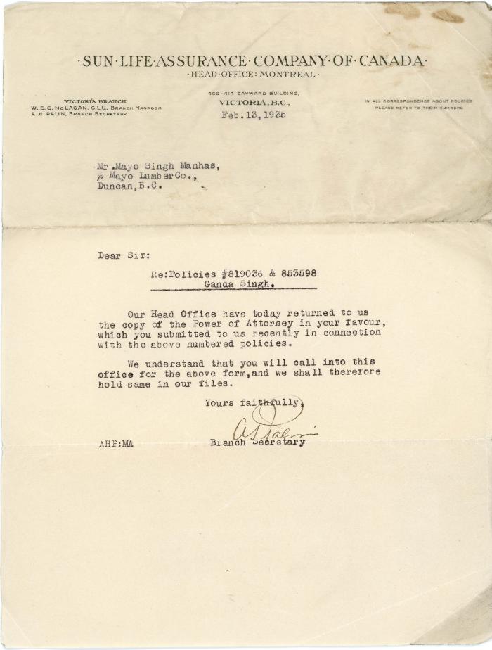 [Letter from A. H. Palin, Branch Secretary at Sun Life Assurance Company of Canada to Mayo Singh Manhas]