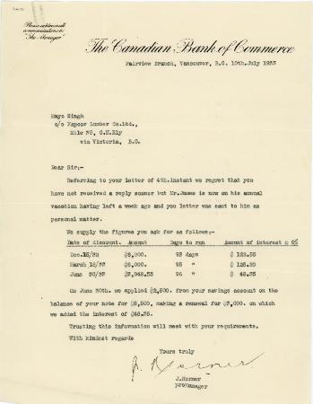 [Letter from J. Horner, Pro Manager, The Canadian Bank of Commerce, to Mayo Singh]