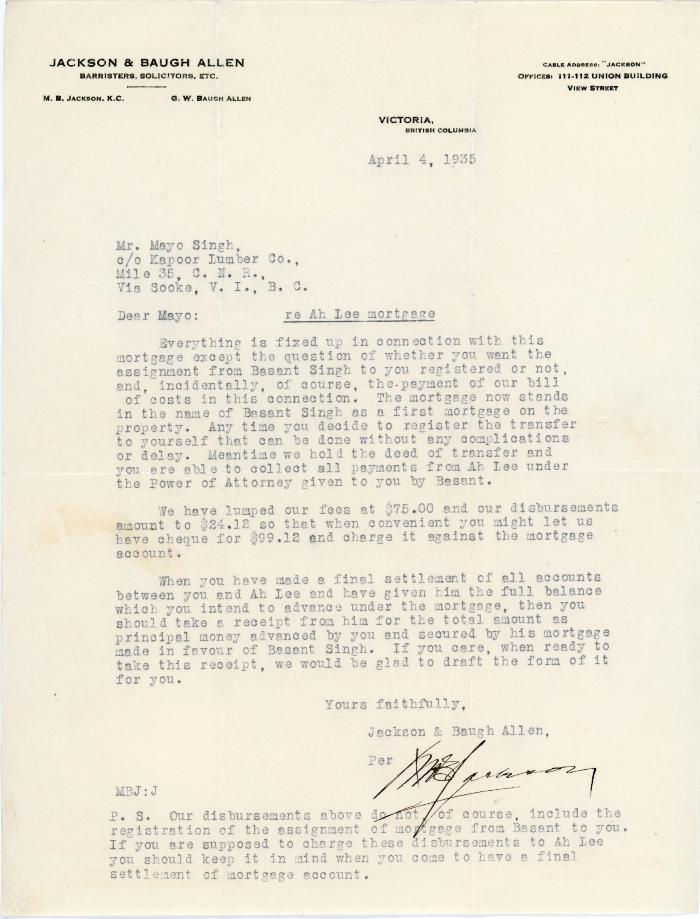 [Letter from M. B. Jackson & G. W. Baugh Allen to Mayo Singh regarding Ah Lee mortgage]