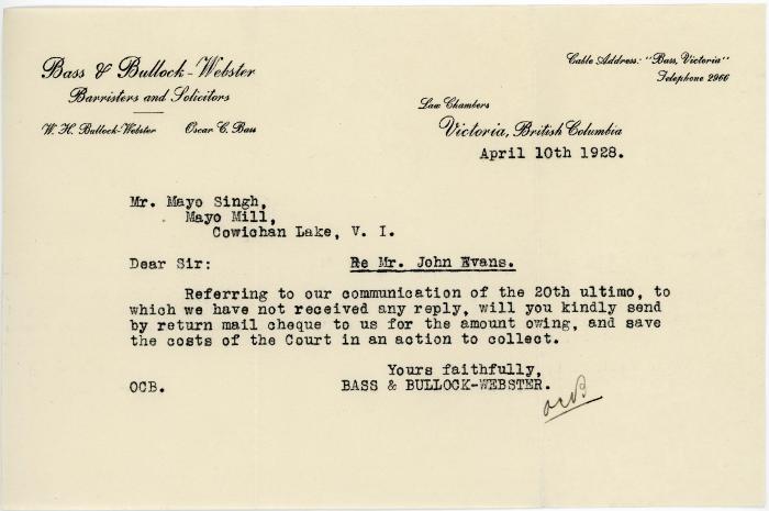 [Letter from W. H. Bullock-Webster and Oscar C. Bass to Mayo Singh]