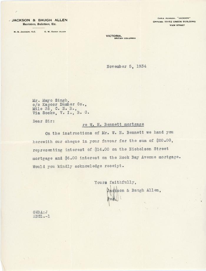 [Letter from M. B. Jackson & G. W. Baugh Allen to Mayo Singh regarding W. H. Bennett mortgage]