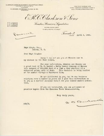 [Letter from E. R. L. Clarkson & Sons to Mayo Singh]