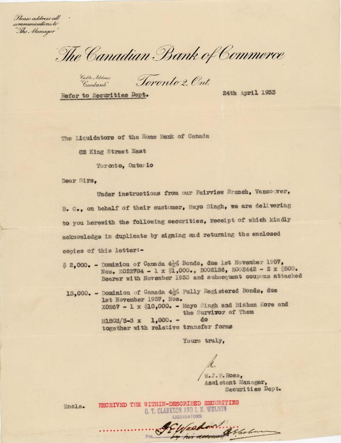 [Letter from W. J. F. Ross, Assistant Manager, Securities Department, to The Liquidators of the Home Bank of Canada]