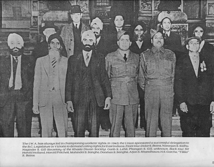 [Photo of the International Woodworkers of America (I.W.A) delegation to the B.C Legislature to demand voting rights for South Asians]