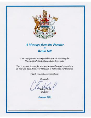 [Message from the Premier, Christy Clark, to Banto Gill]