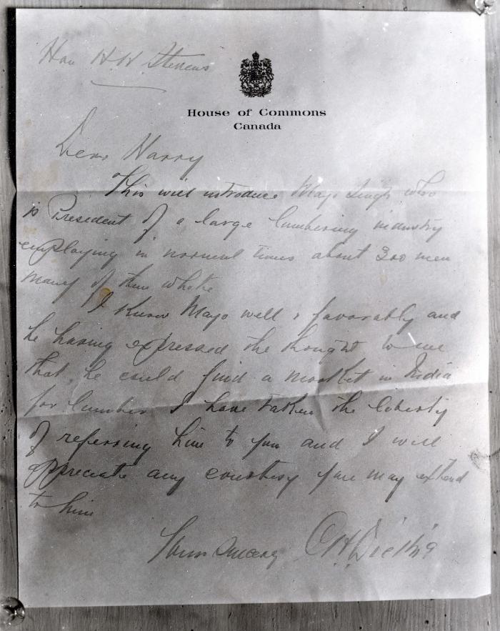 [Letter from [?], House of Commons, Canada to Harry [?]]