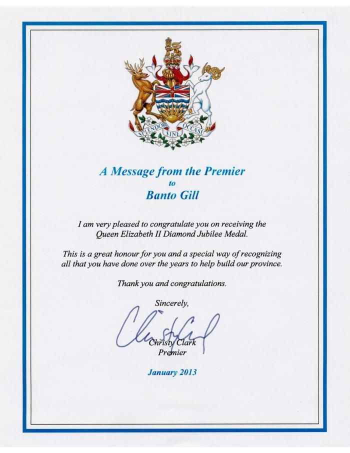 [Message from the Premier, Christy Clark, to Banto Gill]