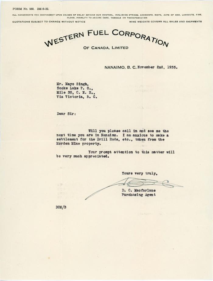 [Letter from D. C. Macfarlane (Purchasing Agent, Western Fuel Corporation) to Mayo Singh]