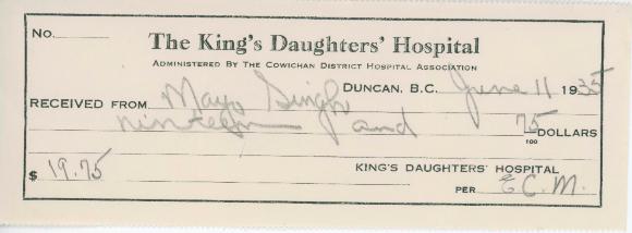 [Receipt of donation by Mayo Singh to The King's Daughters' Hospital]