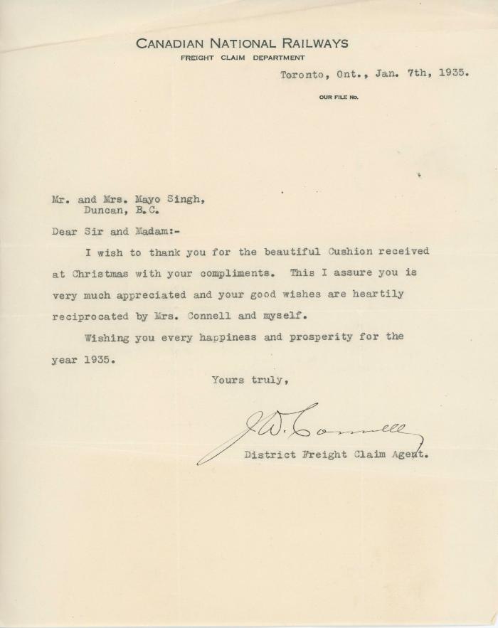 [Letter from J. W. Connell, District Freight Claim Agent, Canadian National Railways, to Mr. and Mrs. Mayo Singh]