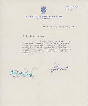 [Letter from [?], Inspector-in-Charge, Department of Citizenship and Immigration confirming Mayo Singh's Canadian citizenship and residency]