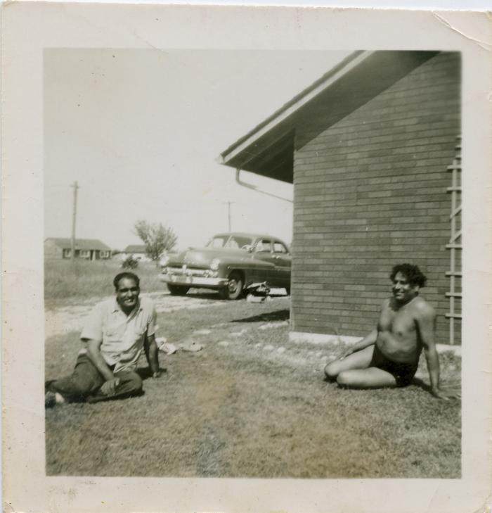 [Photo of Tara Singh Tiwana with Phangan Singh Gill in front of his Langley house]