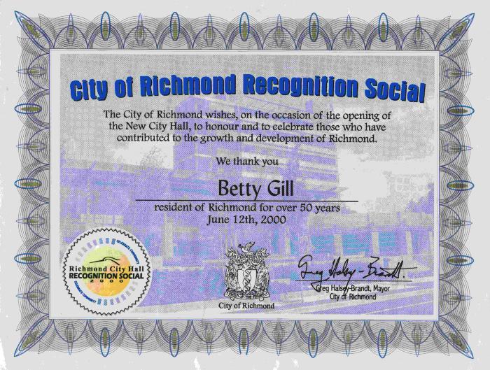 [Certificate awarded to Betty Gill by the City of Richmond]