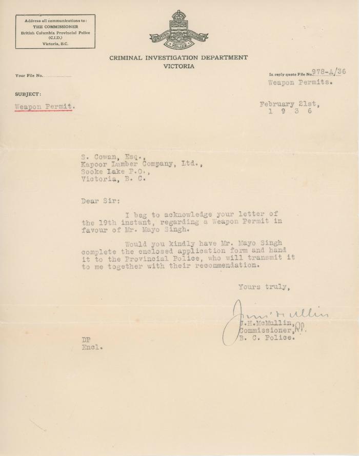 [Letter from J. H. McMullin, Commissioner, B. C. Police to S. Cowan Kapoor Lumber Company]