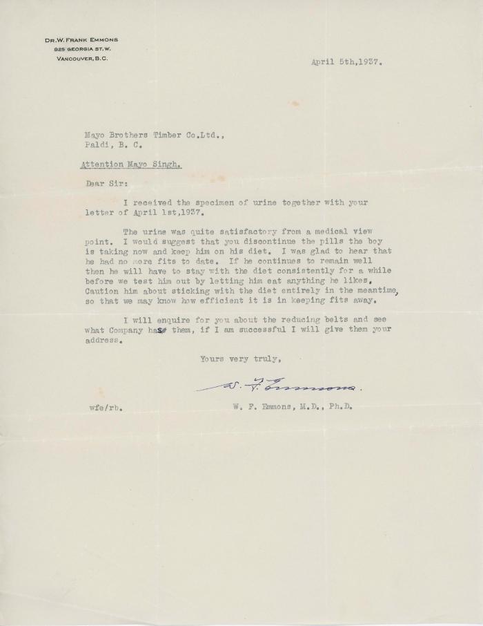 [Letter from W. Frank Emmons to Mayo Singh]