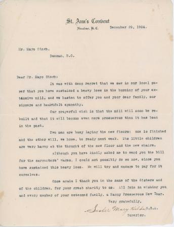 [Letter from Sister Mary Hilda, Superior, St. Ann's Convent to Mayo Singh]