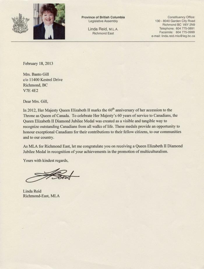 [Letter from Linda Reid to Banto Gill congratulating her on receiving a Queen Elizabeth II Diamond Jubilee Medal]