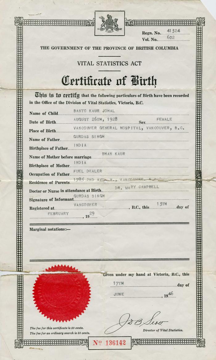 [Certificate of Birth of Banto Kaur Johal]