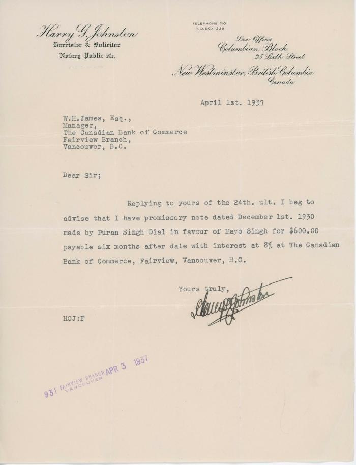 [Letter from Harry. G. Johnston, Barrister & Solicitor, to W. H. James, Manager at The Canadian Bank of Commerce]