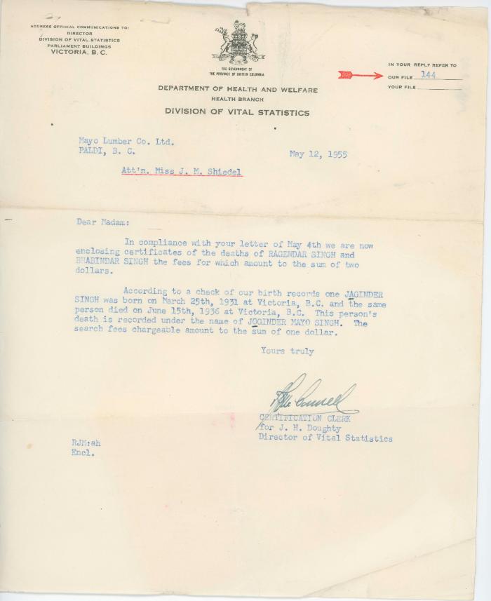 [Letter from the Certification Clerk for J. H. Doughty, Director of Vital Statistics, to Mayo Lumber Co. Ltd.]