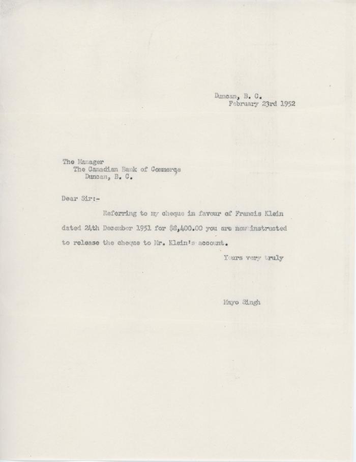 [Draft letter from Mayo Singh to the Manager, The Canadian Bank of Commerce]
