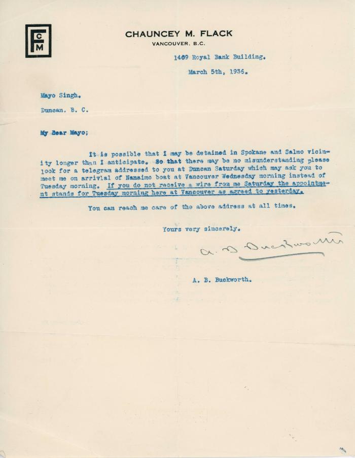 [Letter from A. B. Buckworth to Mayo Singh]