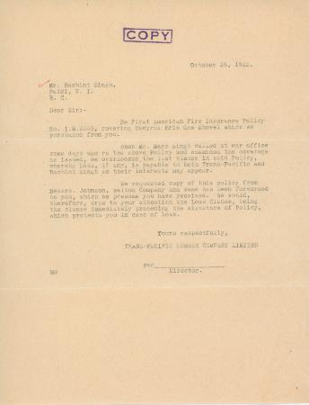 [Letter from [?], Director, Trans-Pacific Lumber Company Limited to Bachint Singh]