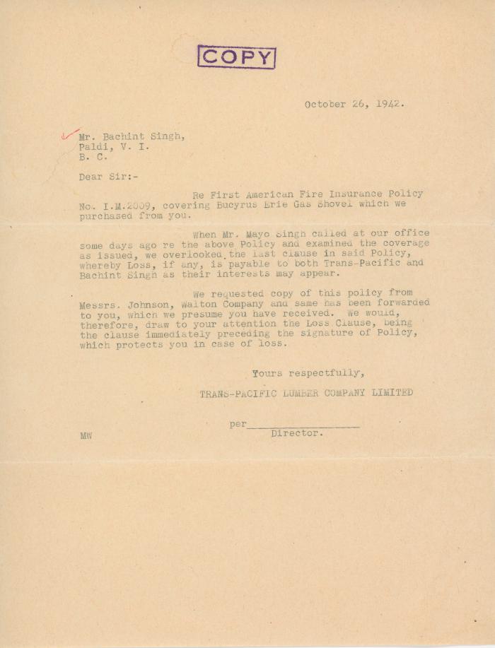 [Letter from [?], Director, Trans-Pacific Lumber Company Limited to Bachint Singh]